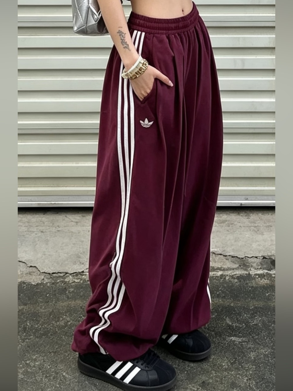 NWOT Adidas Women’s Oversized Burgundy Wide-Leg Track Pants 3-Stripes - Picture 3 of 11
